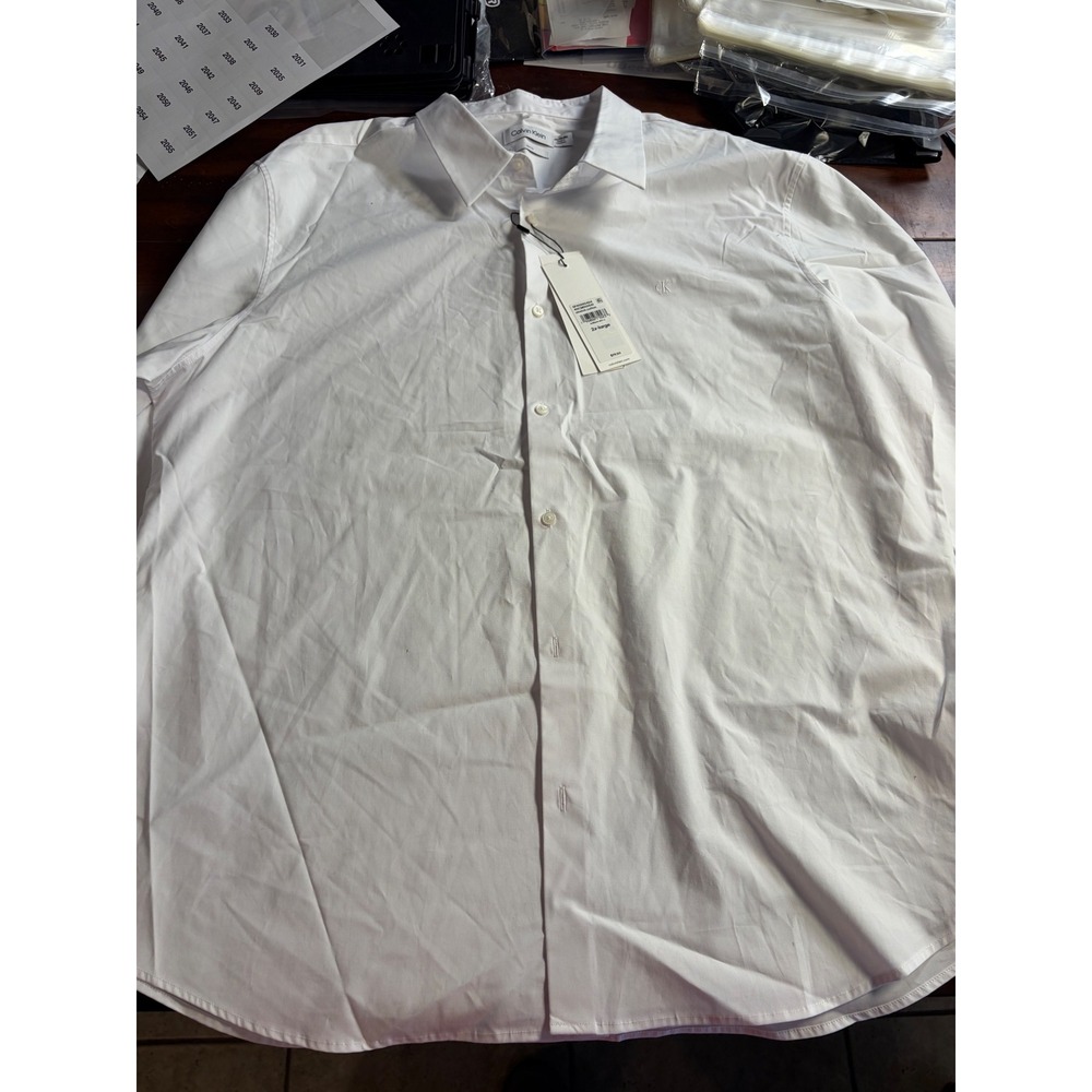 Calvin Klein Mens Slim Fit Stretch Cotton Button Down Shirt White 2XL 40CM100541
